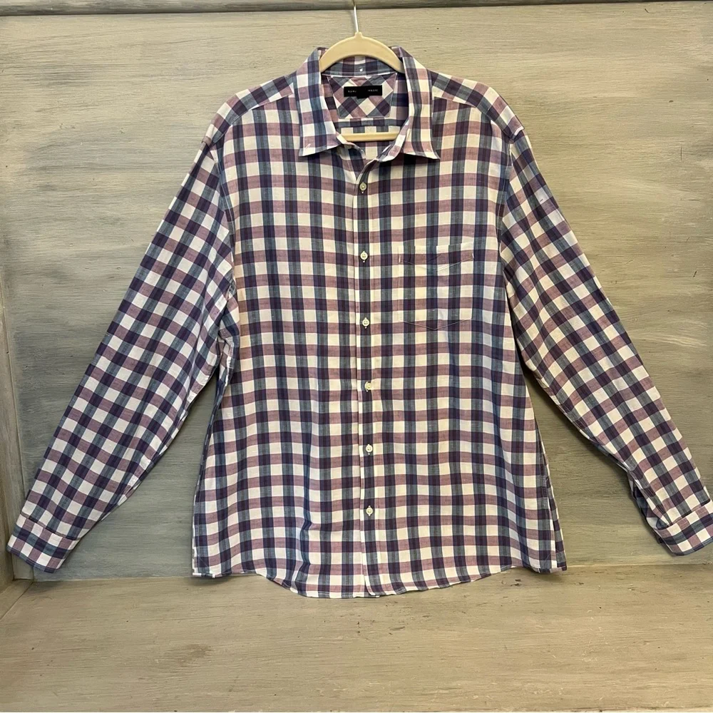 Banana Republic Cotton Linen Purple Plaid Button‎ Down Shirt XL Like New